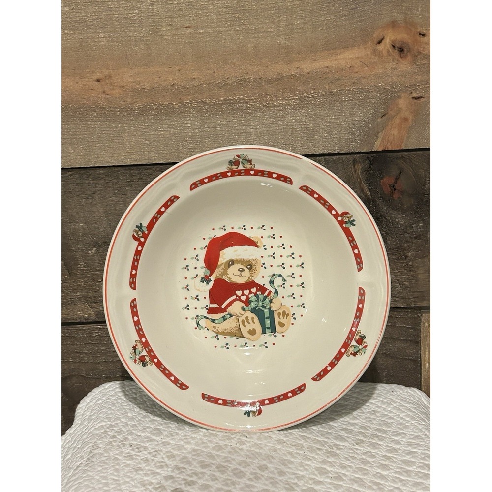 Tienshan Stoneware Round Serving Bowl With  Bear Holding A Green  Present